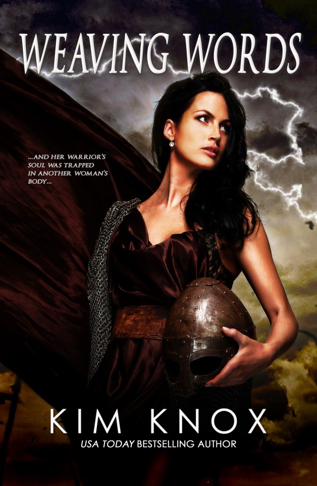 Attractive war queen holding helmet in fire sparks.